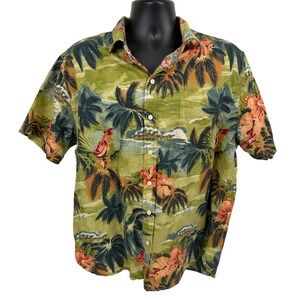 Caribbean Blues Mens XL Tropical Hawaiian Shirt Palm Tree Hibiscus Print Linen